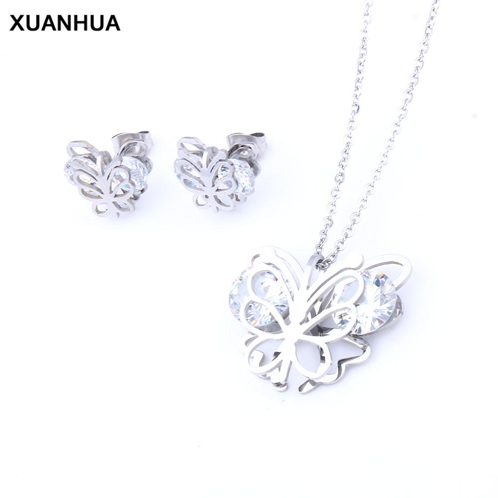 XUANHUA Vlinder Sieraden Sets Zirconia Rvs Sieraden Vrouw Oorbel En Ketting Sets Giften Voor Vrouwen Mode-sieraden