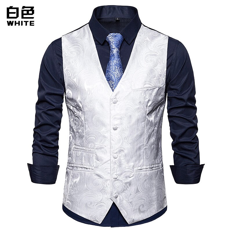 White Paisley Suit Vest Men Brand Slim Fit Single Breasted Vest Waistcoat Men Party Wedding Dress Vest Chaleco Hombre: white / S