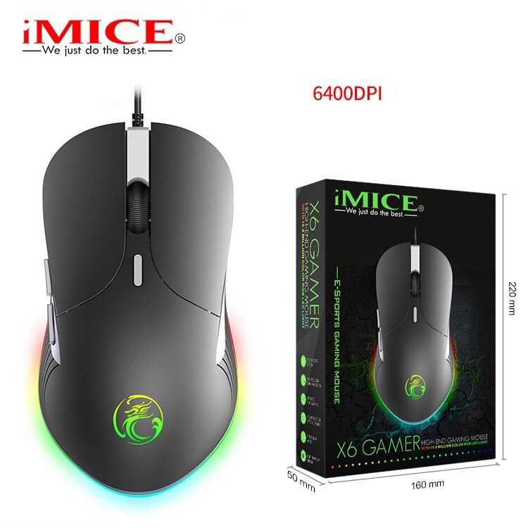 IMICE X6 Wired Game Mouse Electric Competition Eating Chicken Luminous Colorful RGB Programmable 6D Mouse Optical Mouse: RGB 6400 color box