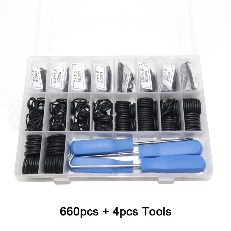 660pcs 1120pcs Nitrile O Ring Kit with 4pcs Hook Tools NBR Rubber Seal Ring Set Thickness 1.5mm 2.4mm Gasket O-Rings with Box: 660pcs with Tools