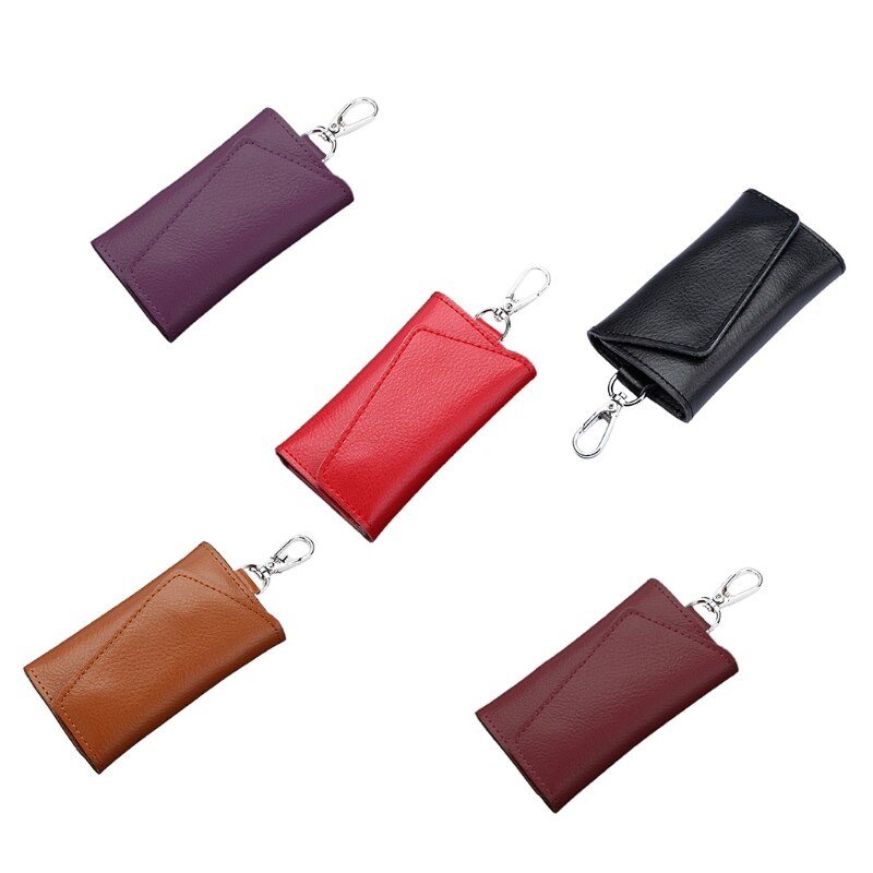 Portable Leather Keychain Key Wallet 6 Hook Button Closure Case with Card Holder Organizer
