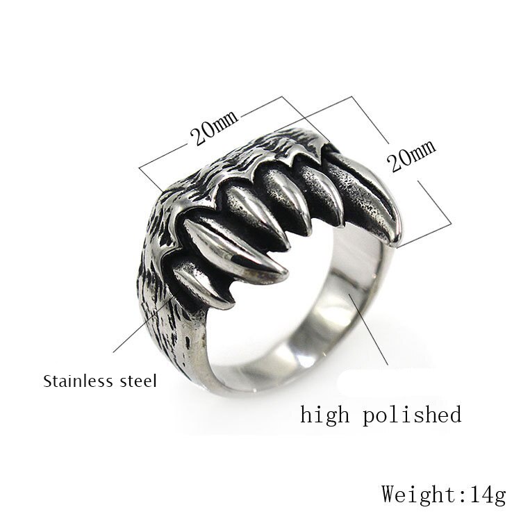 AsJerlya Titanium Steel Animal Teeth Rings For Men Punk Ring Hip Hop Rock Stainless Steel Ring Jewelry