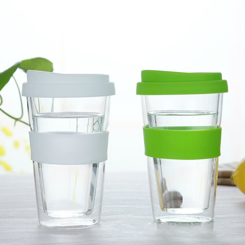 400ml genomskinliga kaffekoppar med silikonöverdrag tjockt dubbelglas resekaffemugg resemugg med lock modern