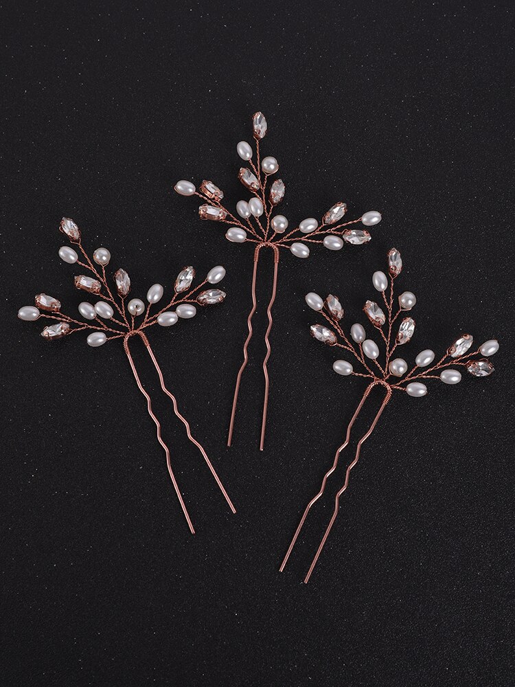 Trendy Rose gold 3PCS Wedding Hair Pins Tiara Headdresses for Hair Jewelry Bride Accessories Fascinator