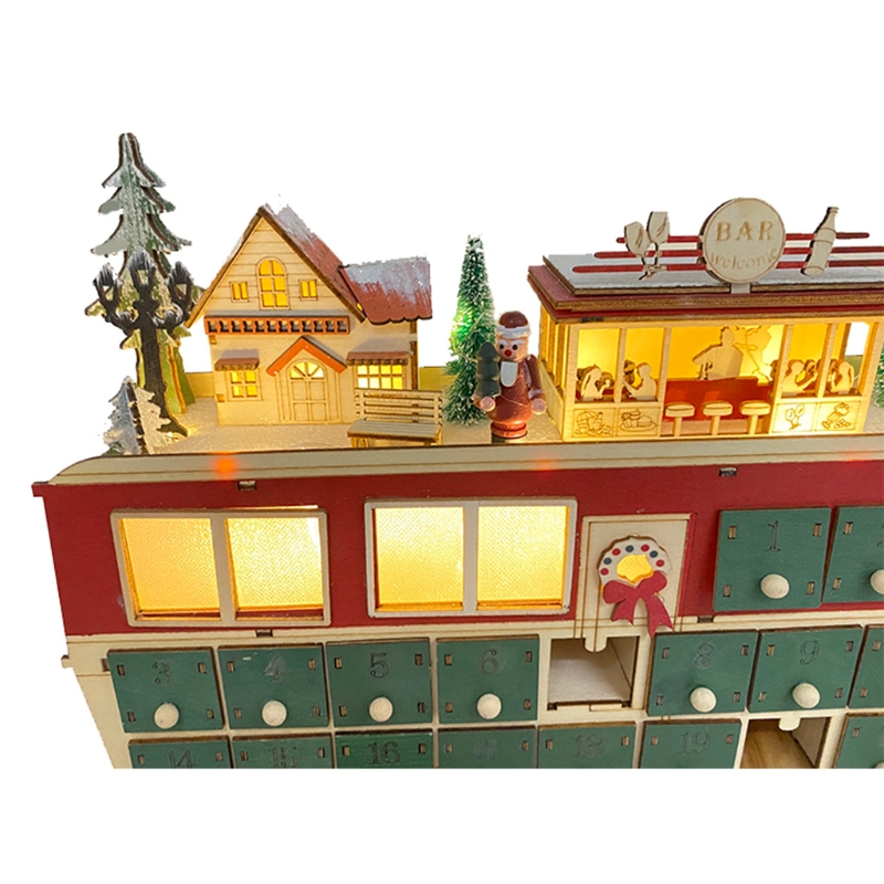 Christmas Wooden Advent Calendar Book with Drawers LED Light Up 24 Days Countdown Candy Organizer Snowy Village Scene Xmas Table: 4