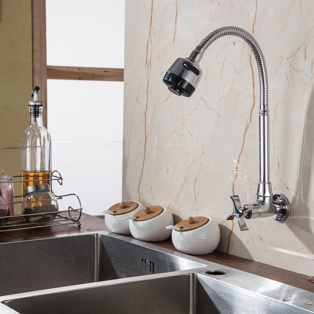 Kranen voor keuken aan de muur, messing universele dubbele hendel koudwaterkraan telescopisch, keukenkraan keukenspoelbakken kraan-goud geborsteld,goud geborsteld,Golden Brushed
