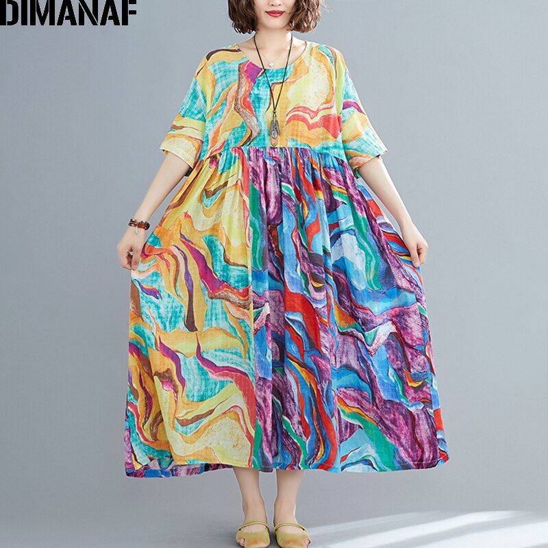 DIMANAF Plus Size Women Dress Summer Sundress Beach Style Cotton Lady Print Dress Female Vestidos Loose Pleated Casual Clothing