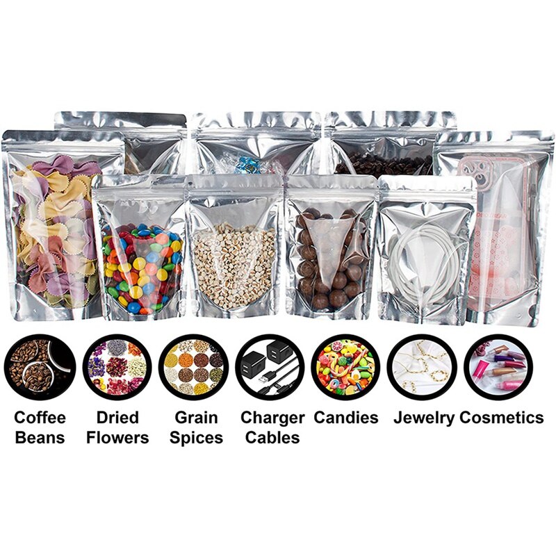 Sacs en Mylar pour le stockage des aliments, lot de 100 (30 sacs de 4 pouces X 6 pouces, 30 sacs de 5 pouces 8 pouces, 40 sacs de 6 pouces 9 pouces) pochettes