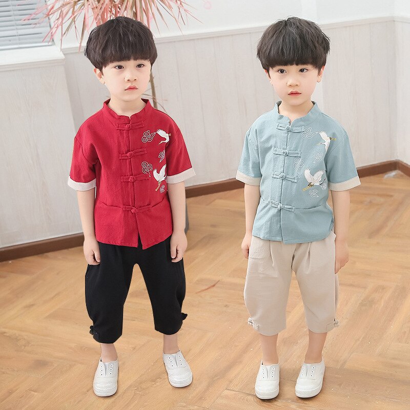 Chinese style boy cotton and linen suit summer short-sleeved children's clothing retro Tang suit school uniform Hanfu