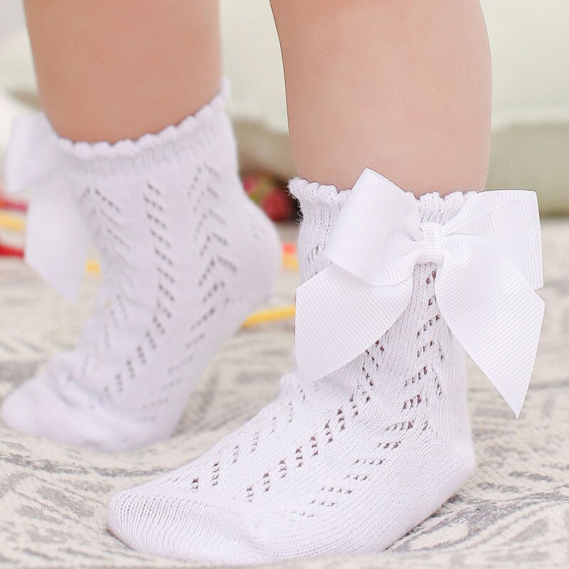 Cute Bowknot Baby Socks Newborn Summer Soft Cotton Baby Girls Socks Solid Color Breathable Kids Mesh Socks: white