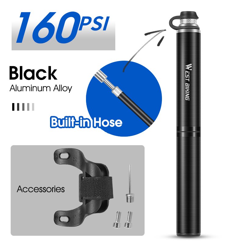 WEST BIKING Portable Mini Bike Pump High Pressure With Hose Mountain Road Bicycle Schrader Presta Valve Alloy Cycling Inflator: New 160PSI Black