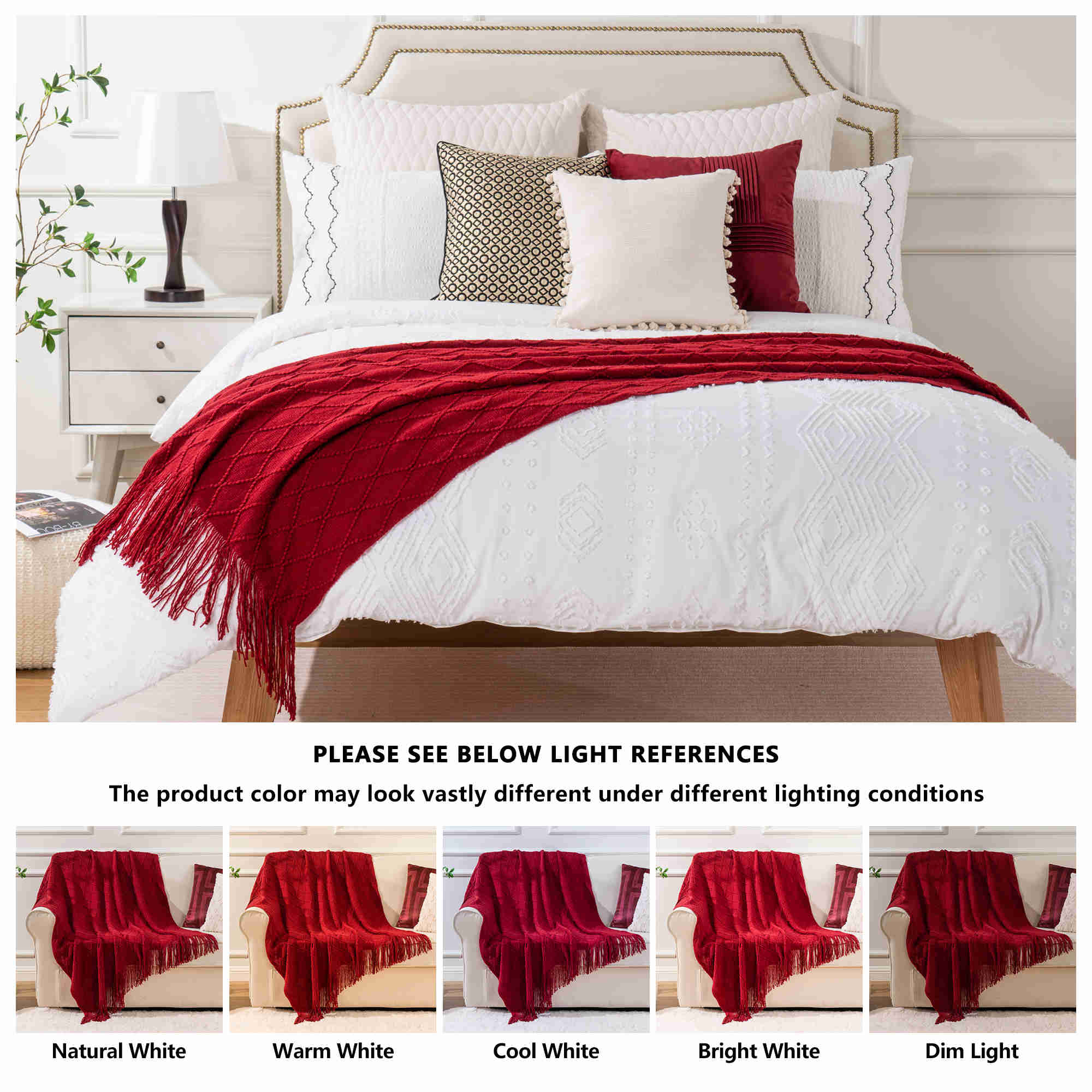 100% Acrylic Knitted Blanket Soft Red Throw Blanket with Tassels Cozy Light Solid Color bedding Blanket