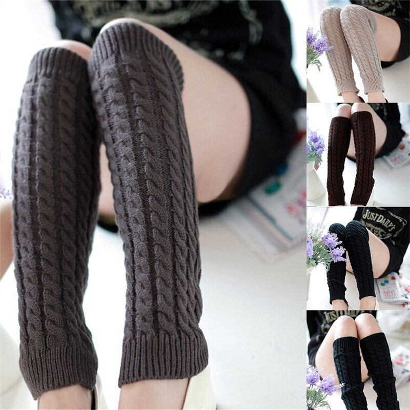 Female Leg Warmers Adults Solid Color Jacquard Knitted Stocking Leg Sleeve for Autumn Winter