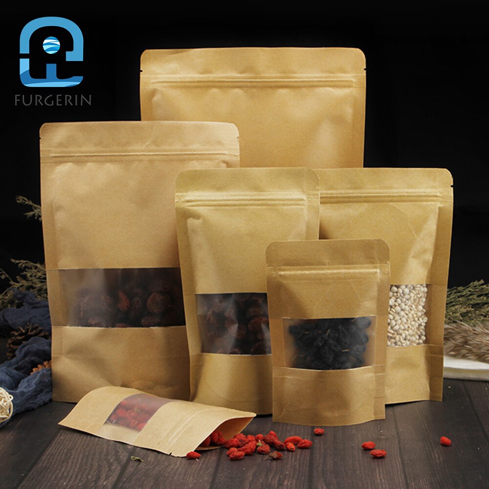 FURGERIN 10pcs Brown Kraft Paper Bag stand up zip bag for food packaging bags window Eco Friendly Reusable Produce Bags