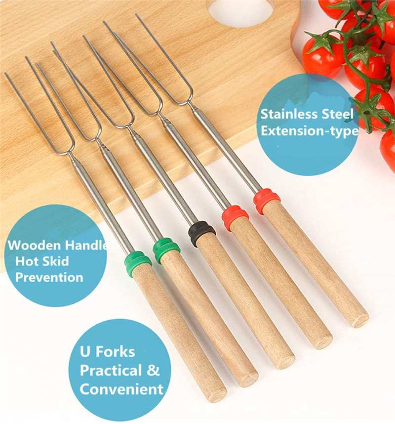 5 Stks/set Roosteren Vork Stok Roestvrij Staal Houten Handvat Telescopische Spies Als Grillen Gereedschap Voor Thuis Keuken Achtertuin Bbq