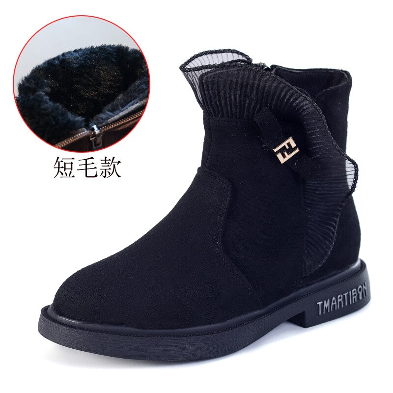 Leder freundlicher Martin Stiefel Prinzessin Spitze trimmen Stiefel Mädchen Schnee Schuhe Warme Pelz freundlicher Stiefeletten Kleinkind Mädchen: Schwarz / 32