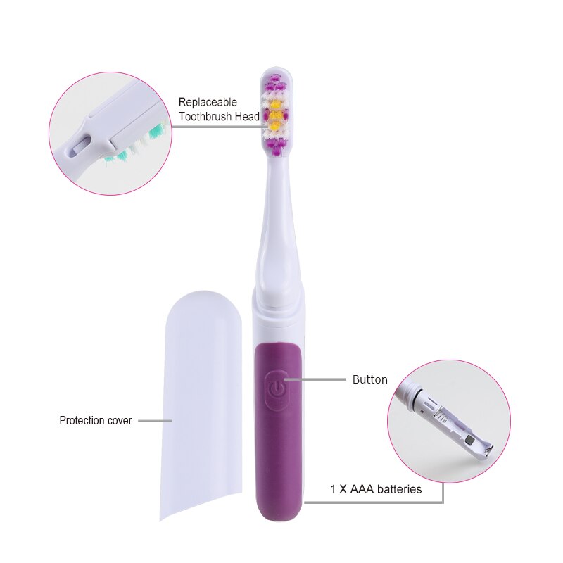Electric Toothbrush Sonic Adult Battery travel Teeth brush holder Portable with 2 Replacement Brush Heads Waterproof