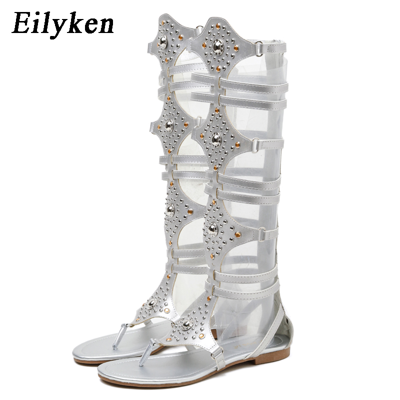 Eilyken-Sandalias romanas de gladiador para mujer, zapatos de cuero con remaches, Punta abierta, flecos, tacón plano, talla 35-40: silver / 4