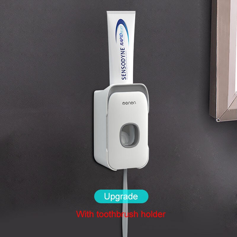 Automatic Toothpaste Dispenser Wall Mount Toothbrush Rack Toothbrush Holder Dust-proof Toothpaste Squeezer Bathroom Accessories: gray-1