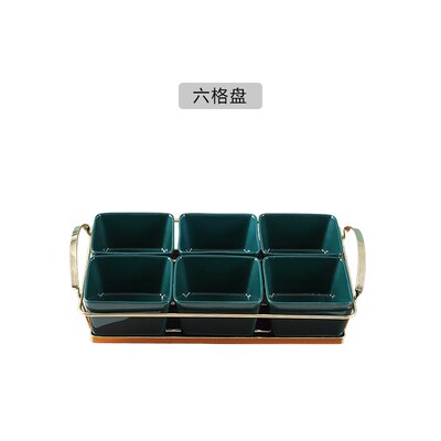 Simple Art Luxury Ceramic Handle Fruit Snack Plate Home Dark Green Phnom Penh Grid Plate Snack Dried Fruit Plate with Iron Shelf: E-6pcs
