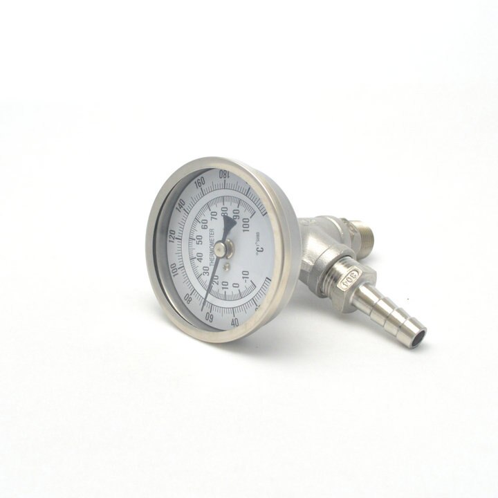 In-line termometer monitor, bryg plade køler monitor , 1/2 "npt tee , 1/2 " slangestang , 3 "ansigt bi-metal termometer x 2 " sonde