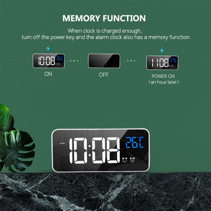Electronic Digital Mirror LED Display Alarm Clock Multifunction Temperature Calendar USB/AAA Powered Snooze Desk Clock