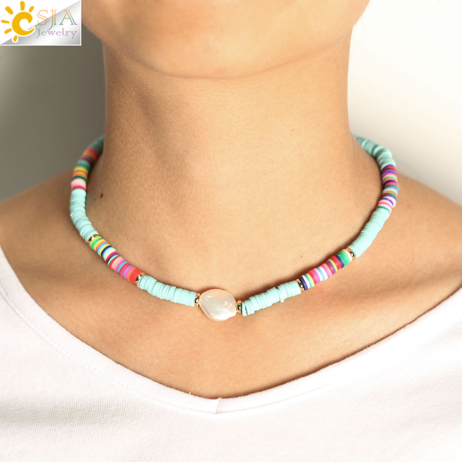 CSJA Böhmischen Perle Halsketten für Frauen Regenbogen Weichen Keramik Reize Boho Halskette Bunte Perle Ethnischen Stil Schmuck S538