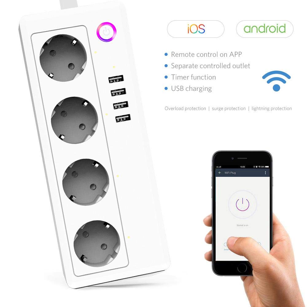 US Standard WiFi Smart Power Strip 4 Outlets and 4 USB Ports Compatible with Alexa and Google Assistant: EU standard