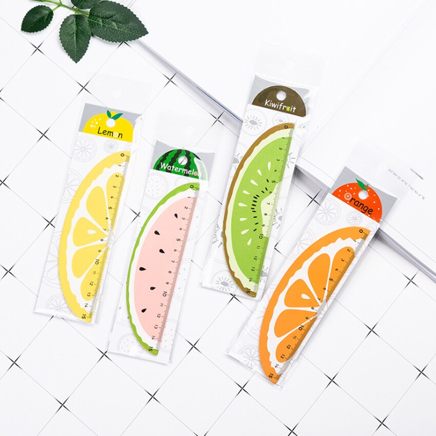 1 st/lot kawaii tecknad frukt apelsin citron kiwi raka linjaler i trä ritverktyg pappersvaror skolmaterial 15cm
