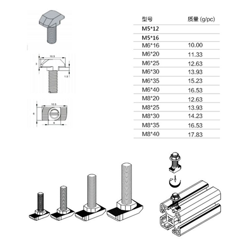 M5 m 6 m 8 koolstof roestvrij staal bout type t-moer bevestigingsschroef koppeling bout dag connector flens zeskantmoer voor aluminium profiel