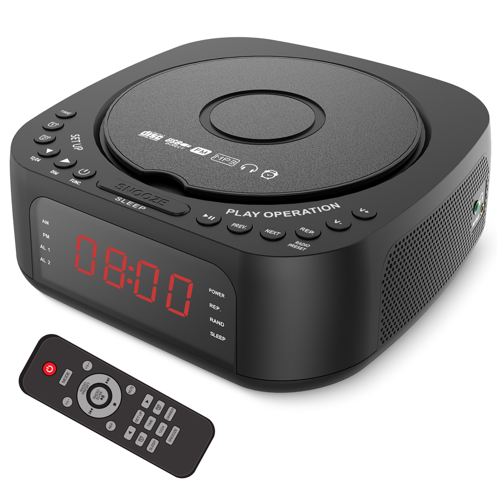 CD Player Alarm Clock with Remote,CD/MP3 Bluetooth FM radio with Speakers,USB charger,Dimmable LED display,dual alarms bedroom