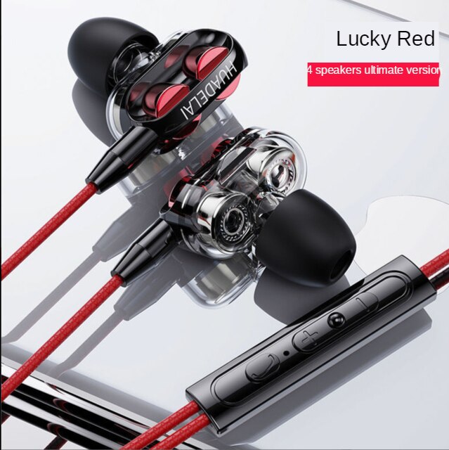 Double Moving Coil Subwoofer Headset for Vivo Oppo Huawei with Microphone Karaoke In-ear Earplug Universal Handphone: Ultimate Version  Lucky Red  Quad core Subwoofer  10 Gift Package