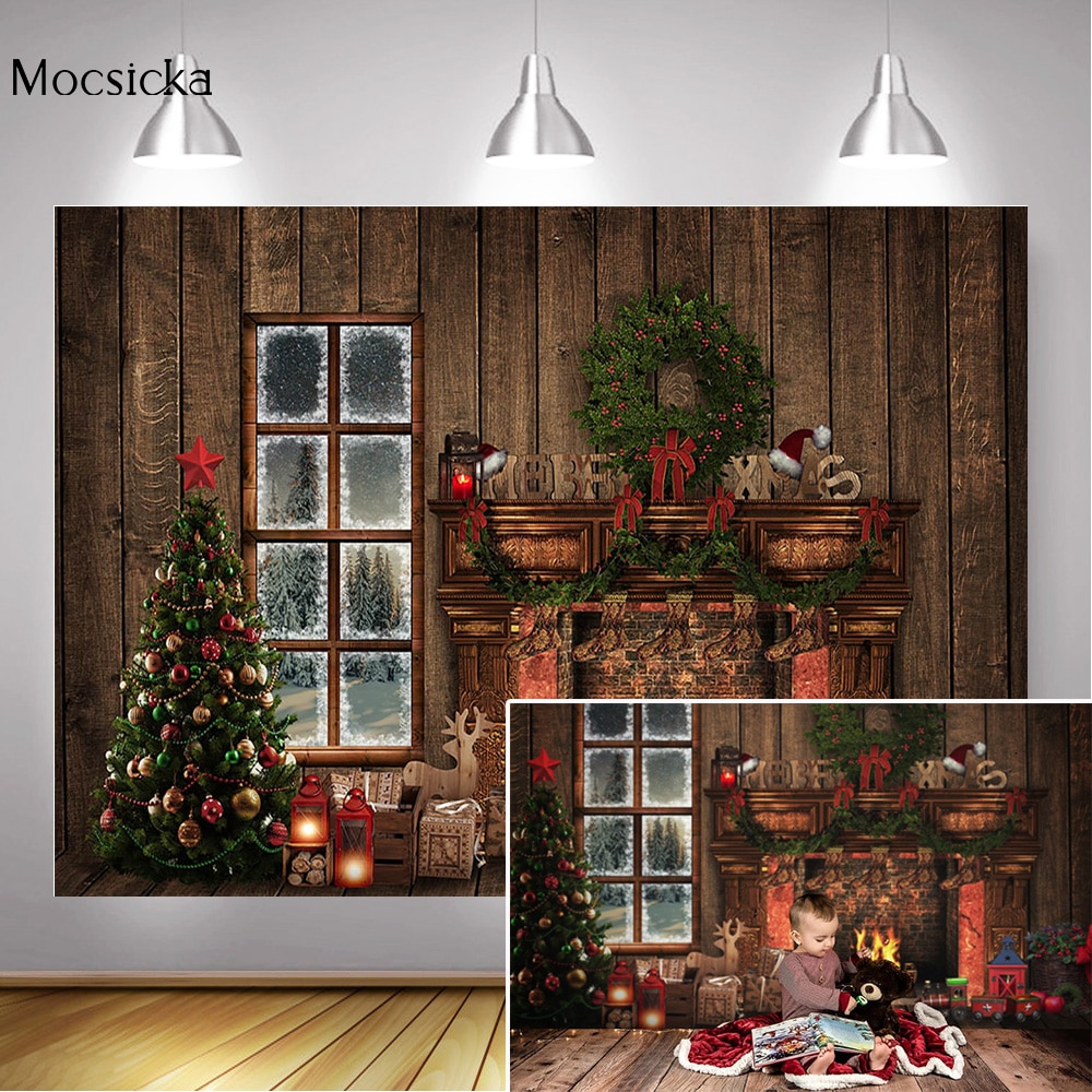 Cheminée fenêtre photographie arrière-plan noël hiver Portrait Art toile de fond jouets chaussette couronne arbres de noël Photo Studio