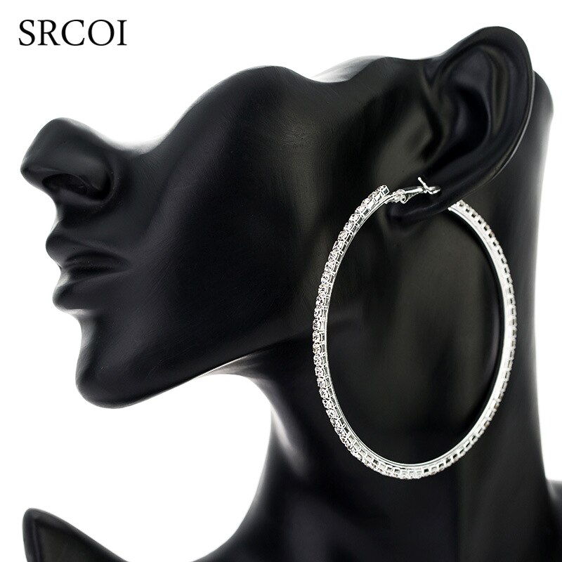 SRCOI Mode Grote Kristallen Oorbellen Hoops Grote Oorringen Zilver Oorbellen Rond Creolen Voor Vrouwen Cirkel Sieraden