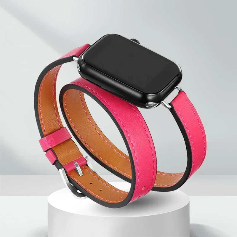 Bracelet en cuir pour Bracelet de montre Apple 10 42MM 46mm 9 8 7 41 45mm 6 SE 5 4 40 44mm Correa pour Bracelet IWatch Series10 Ultra 2 49mm: Blue pink / 14mm