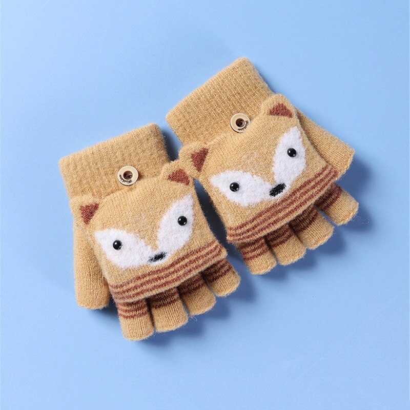 Leuke Cartoon Vos Kinderen Handschoenen Zachte Warme Gebreide Halve Vinger Jongens Meisjes Handschoenen Winter Outdoor Vijf Vingers Baby Handschoenen wanten: Yellow