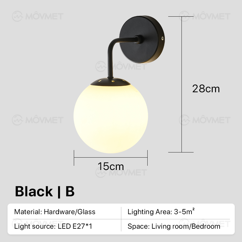 Nordisk led-væglampe glaskugle til stue sengelampe baggrundsvæg hotel soveværelse gang indendørs natlampe op og ned  e27: Sort