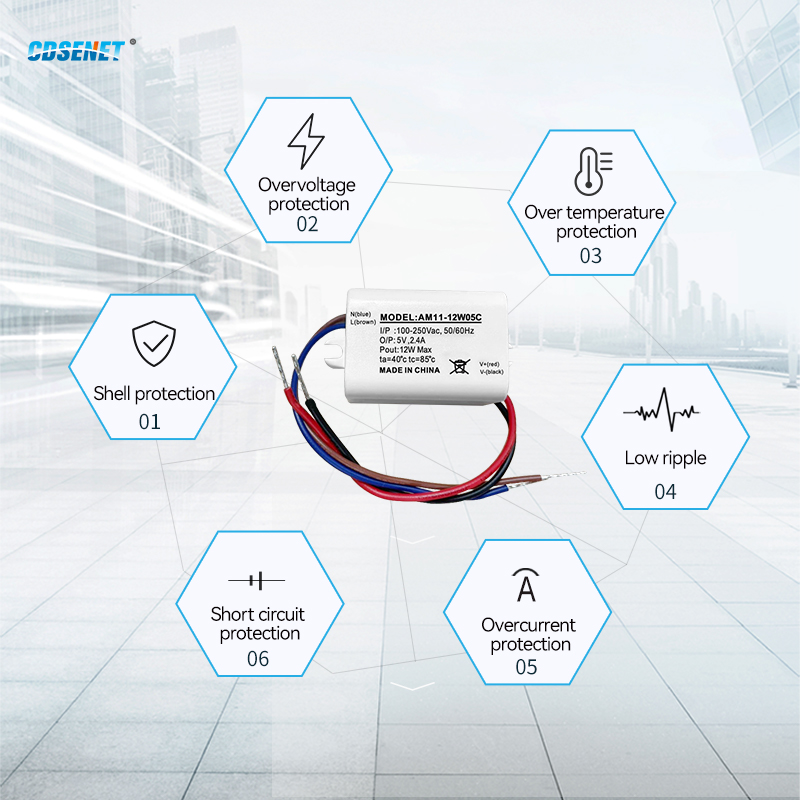 Cdsenet AC-DC Step Down Power Supply Module AM11-12W05C Power 12W Ac 80-250V Dc 5.0V/2A/5% Wit Plastic Pakket + Draad