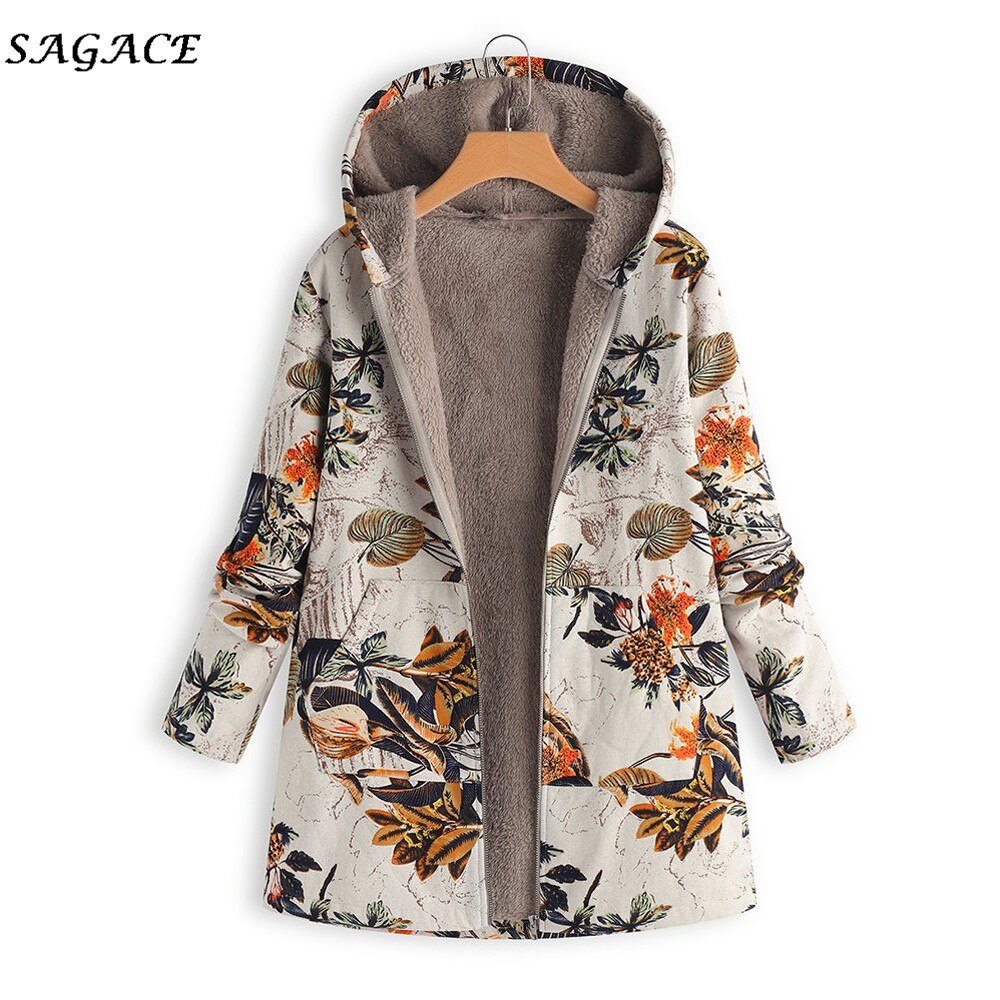 Sagace Kleding Jassen Vrouwen Winter Rits Warme Jassen Lady Warm Uitloper Bloemenprint Capuchon Zakken Vintage Oversize Jassen