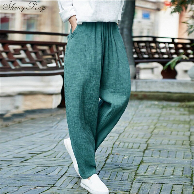 Pantalones anchos de mujer cintura elástica talla grande Pantalones de mujer verano Casual algodón Lino suave pantalones sueltos V1580