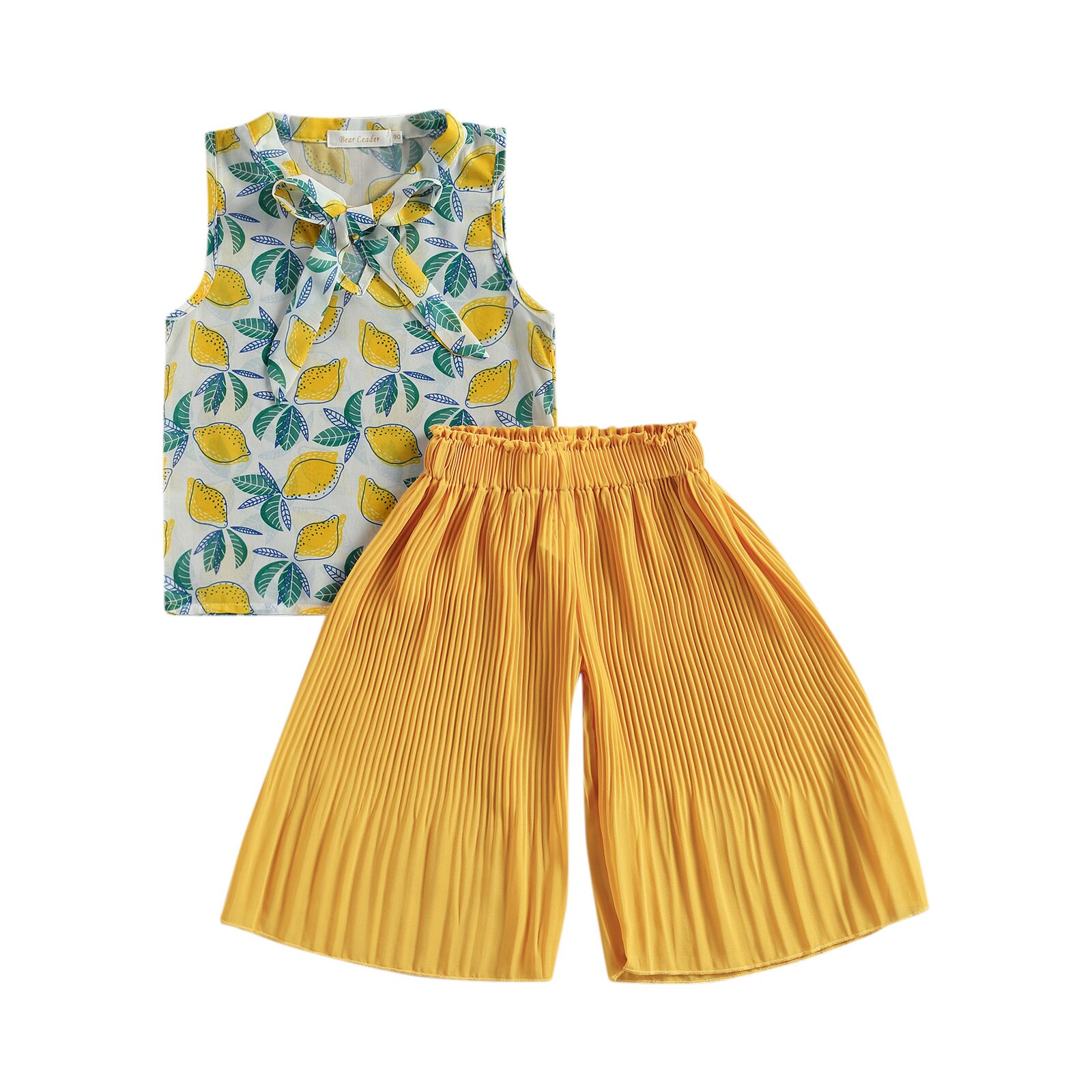 FOCUSNORM 3-7Y Summer Kids Girls Clothes Sets Flowers Print Bow Sleeveless Vest Tops Wide Leg Pants: Yellow / 7T