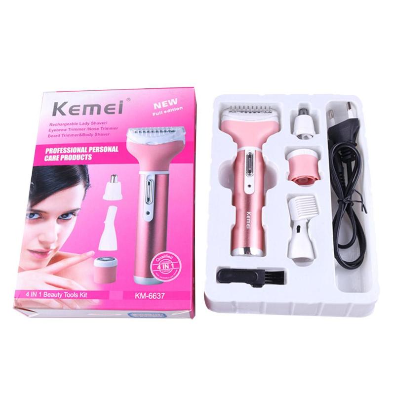 Kemei KM-6637 Electric Shaver 4 in 1 Rechargeable Hair Trimmer Women Hair Removal Machine Epilator Eyebrow Nose Trimmer Razor: KM-6637-with box