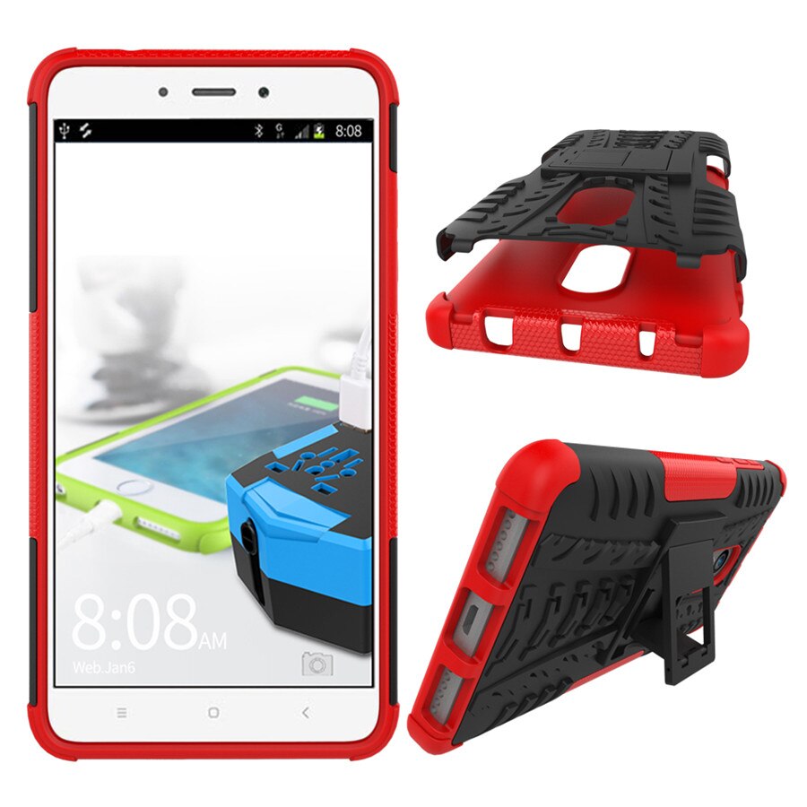 Peaktop Shockproof Armor Case For Xiaomi Redmi Note 4 Case Silicon Stand Cover 5.5" Protective Phone Case For Redmi Note 4X: Red