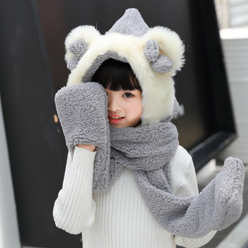 Foux Bomber Hats Women Kids Parent Child Winter Bear Ears Russian Cap Scarf Neck Gloves Snow Warm Baby Boy Girl Ushanka Trooper: Kid Gray