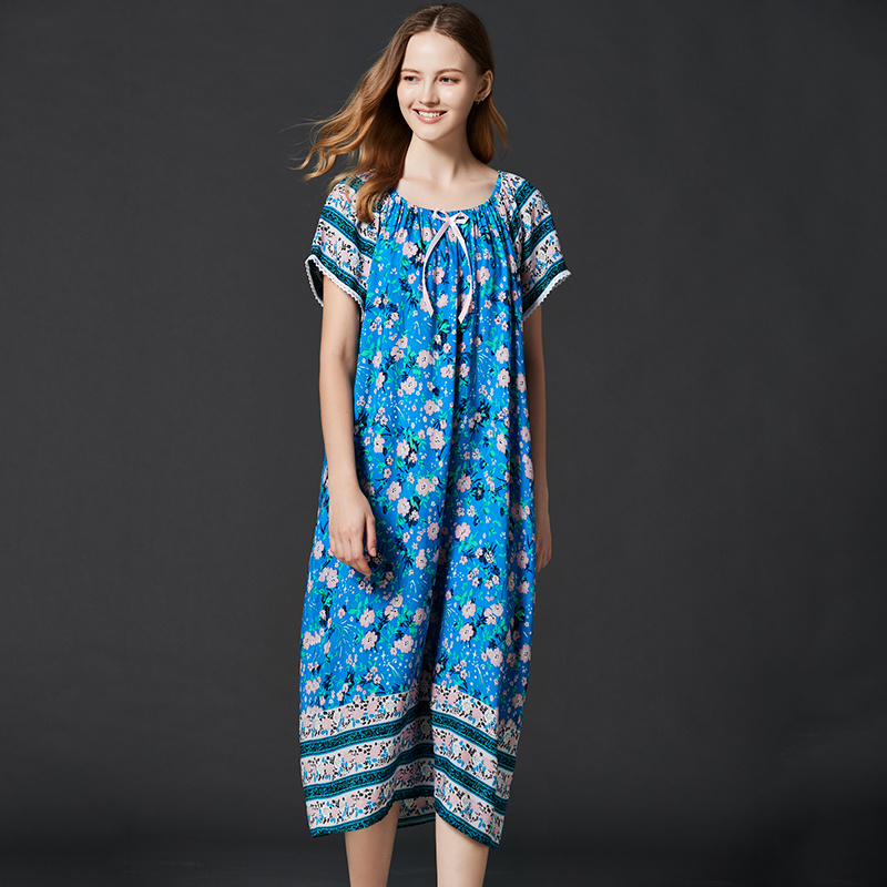 Lente Viscose Nachthemden Vrouwen Korte Mouw Bloemen Nachthemd Sleepshirt Ademende Zomer Thuis Jurk Gown Sleepdress Homewear: Blue / XL Fit 70-80 Kg