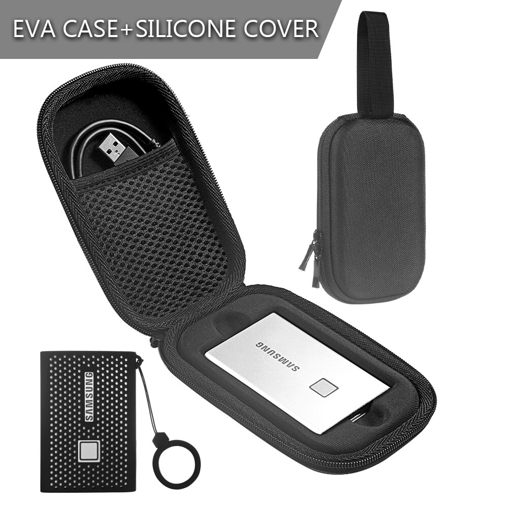 Eva opbevaringsbeskyttelsesetui til samsung  t7 touch bærbar ssd ekstern solid state-drev bæretaske med silikoneovertræk: Sort