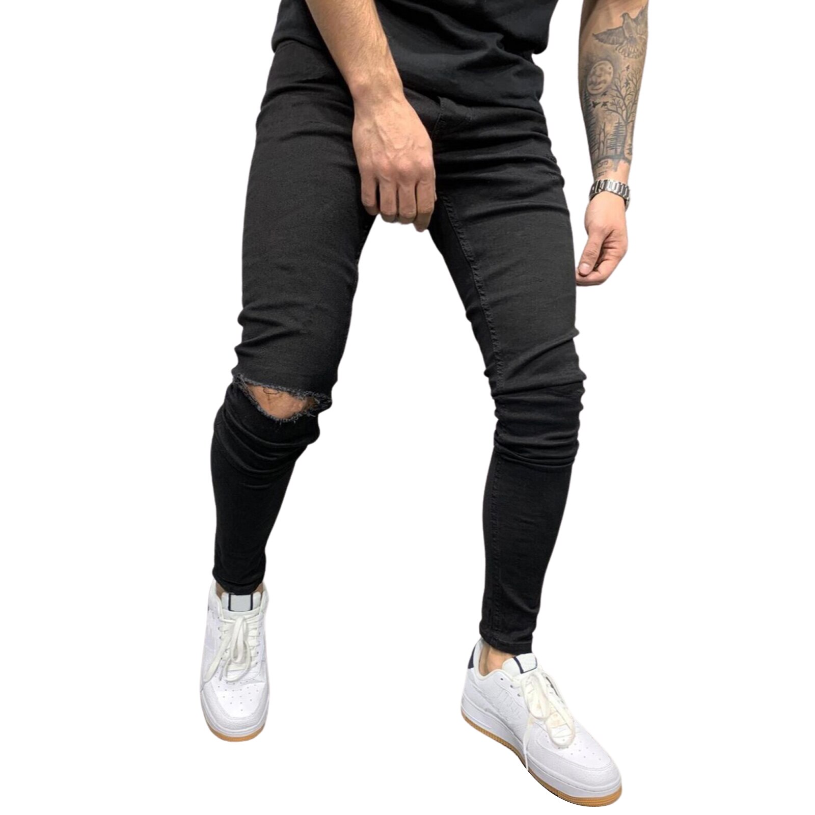 Knie Gat Gescheurde Jeans Mannen Skinny Black High Street Style Elasticiteit Slim Verzwakte Casual Mannen Broek Broek Biker Jeans