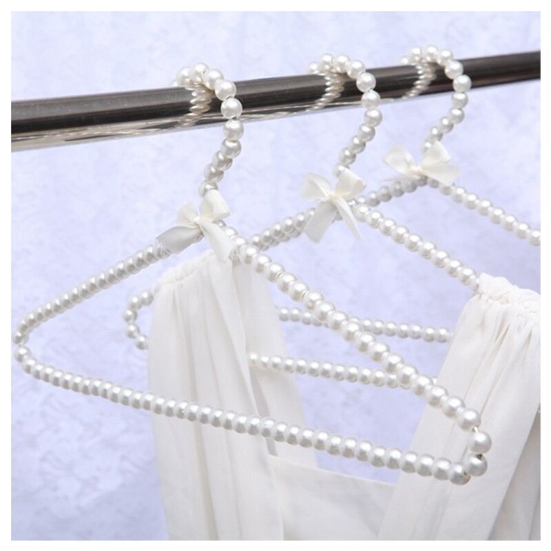 Perchas de ropa con lazo de perlas de imitación, gancho para niños, lazo blanco