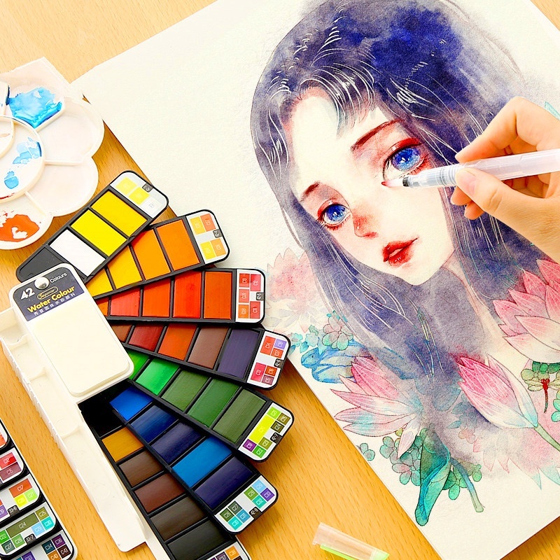 Set van 2 aquarelverf in  :18/25/33/42 kleuren, kunstset met waterpenseel, opvouwbaar aquarelverfpigment