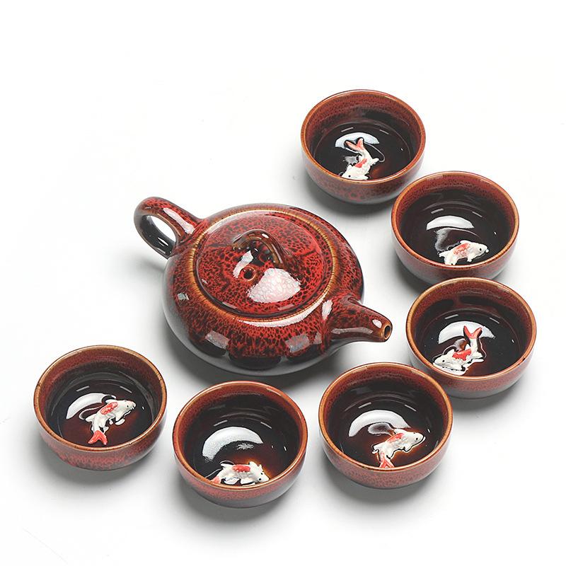 Kung Fu Tea Set Chinese Ceramic Teapot Retro Fish Pattern Tea Cup Porcelain Green Chinese Traditional Drinkware For Friend: red